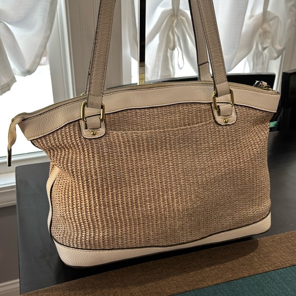 Liz Claiborne Woven Straw & Leather Floral Tote Bag Tan Pink - Picture 4 of 14